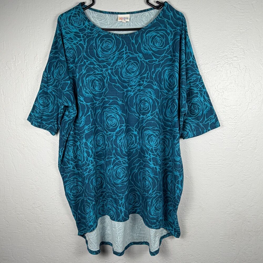 LuLaRoe Women’s XL Teal Blue Rose Floral Tunic Top Hi Low Relaxed Stretch NWOT